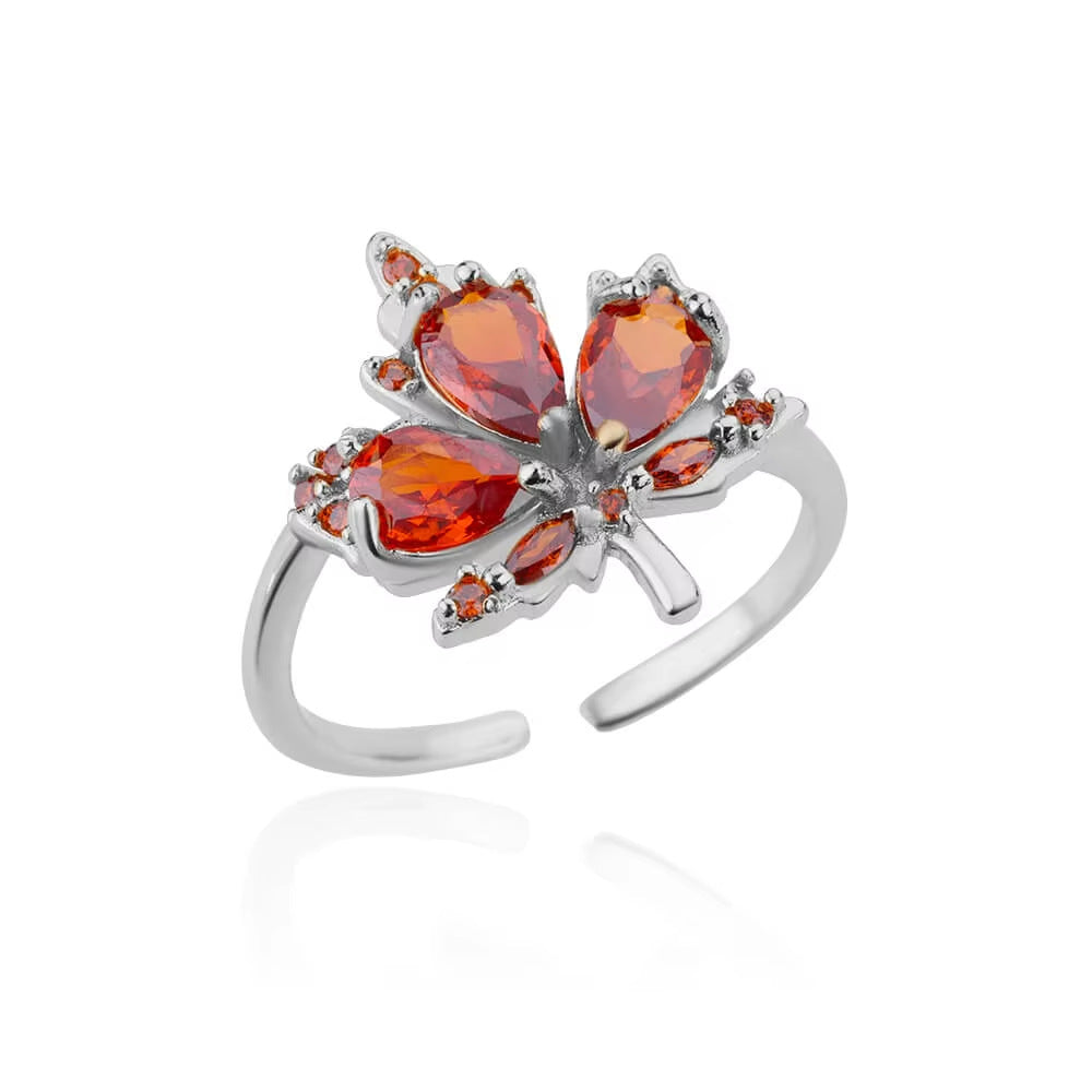 Zircon Red Maple Leaf Ring Female Fashion High Sense Opening Adjustable Design Index Finger Ring
