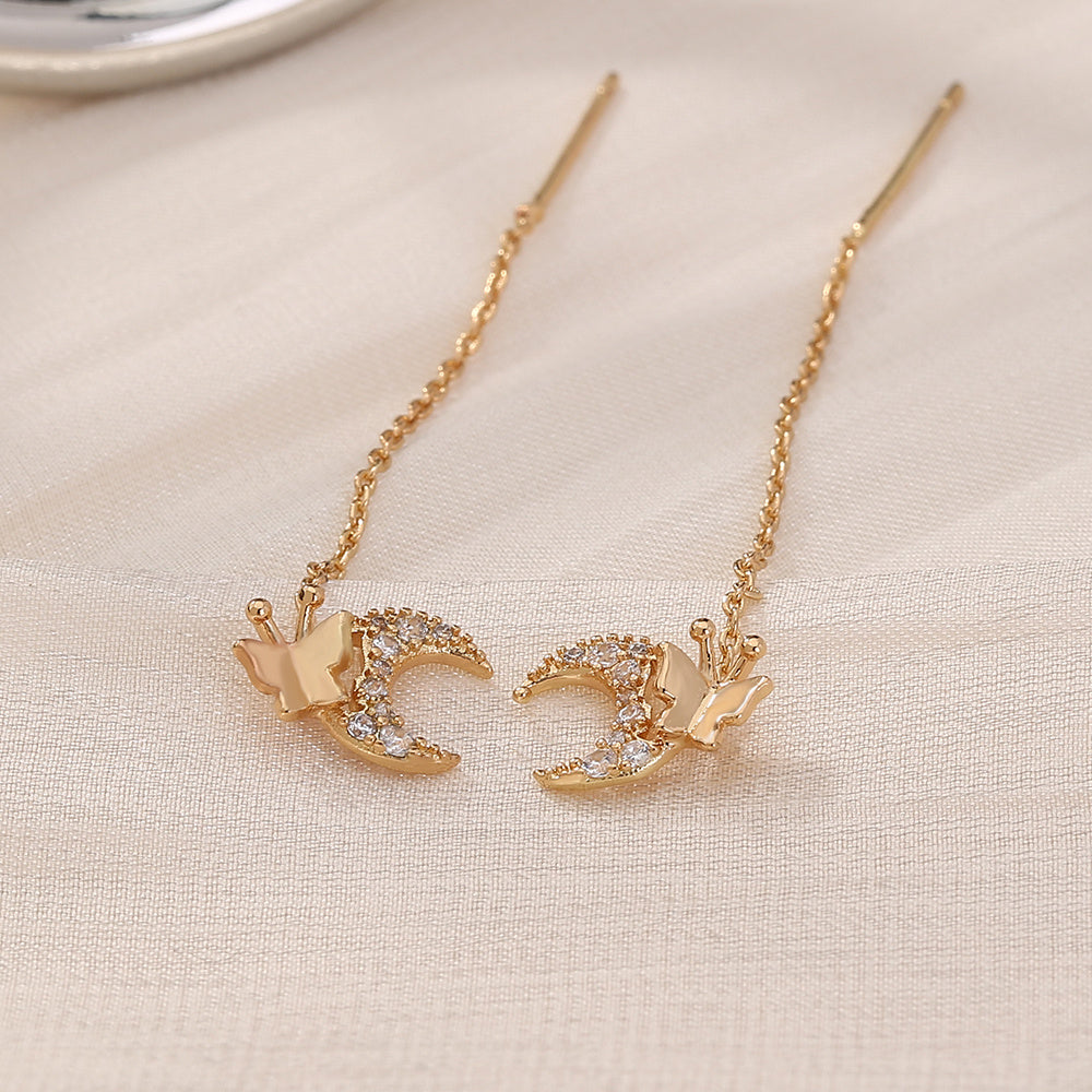 New Style Stylish Copper Micro-zircon Butterfly Moon Earrings Long Earrings Raise Earholes Earrings Earrings Earrings Female Accessories