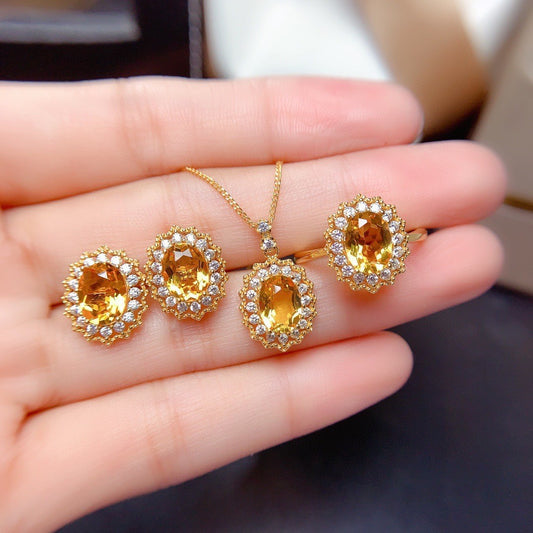 Colored Gems Lucky Yellow Suit Female Fully-inlaid Full Diamond Rings Pendants Ear Stud Necklace