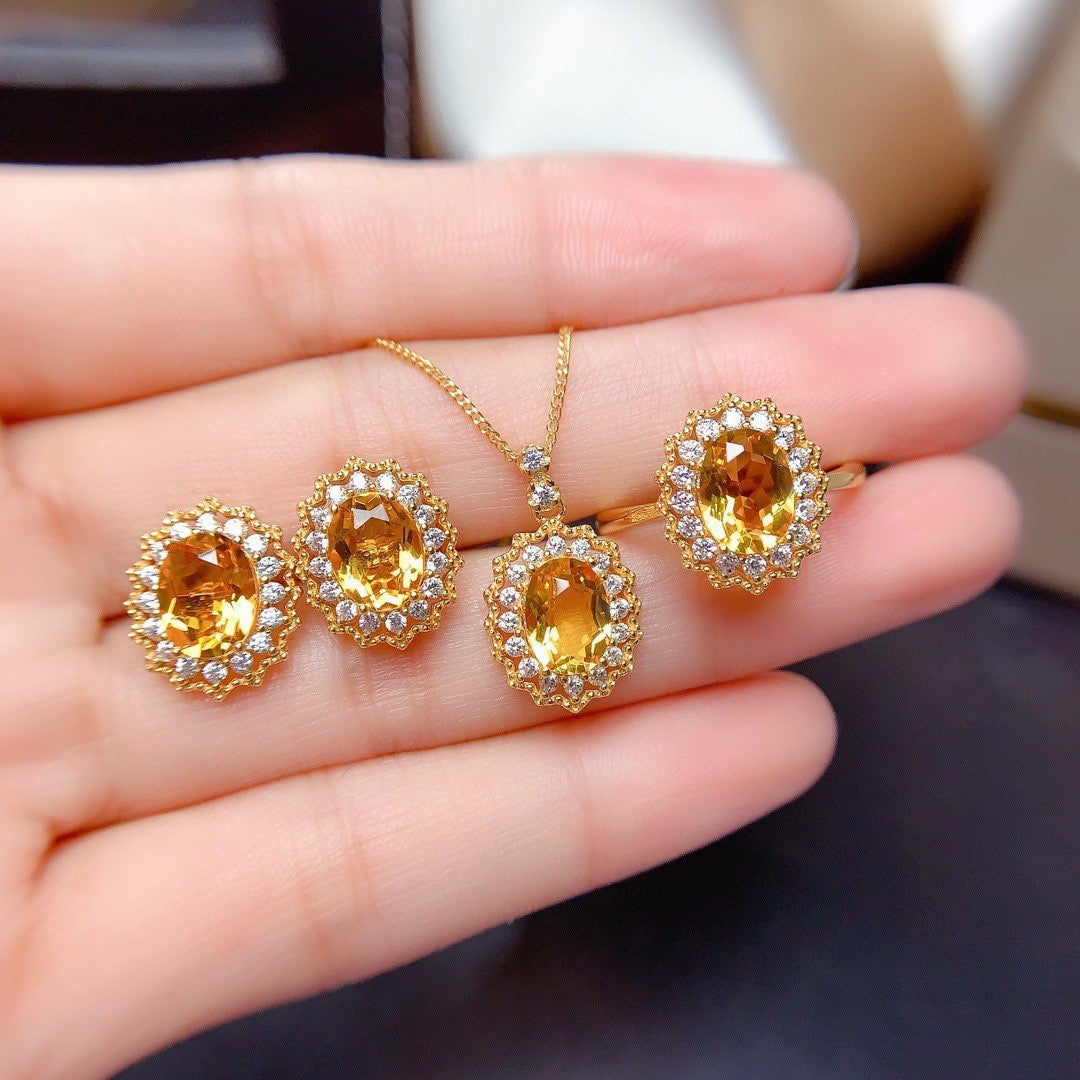 Colored Gems Lucky Yellow Suit Female Fully-inlaid Full Diamond Rings Pendants Ear Stud Necklace