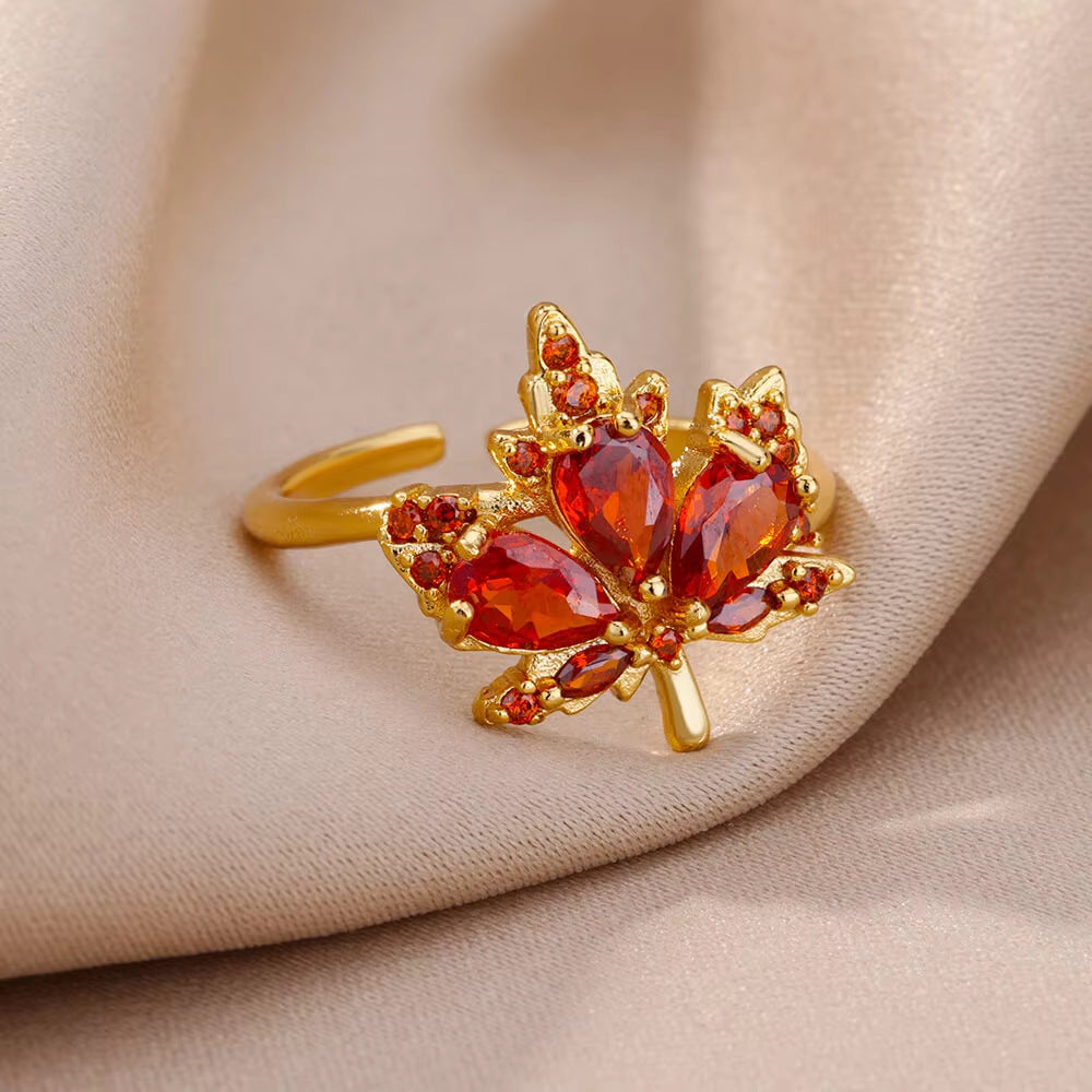 Zircon Red Maple Leaf Ring Female Fashion High Sense Opening Adjustable Design Index Finger Ring
