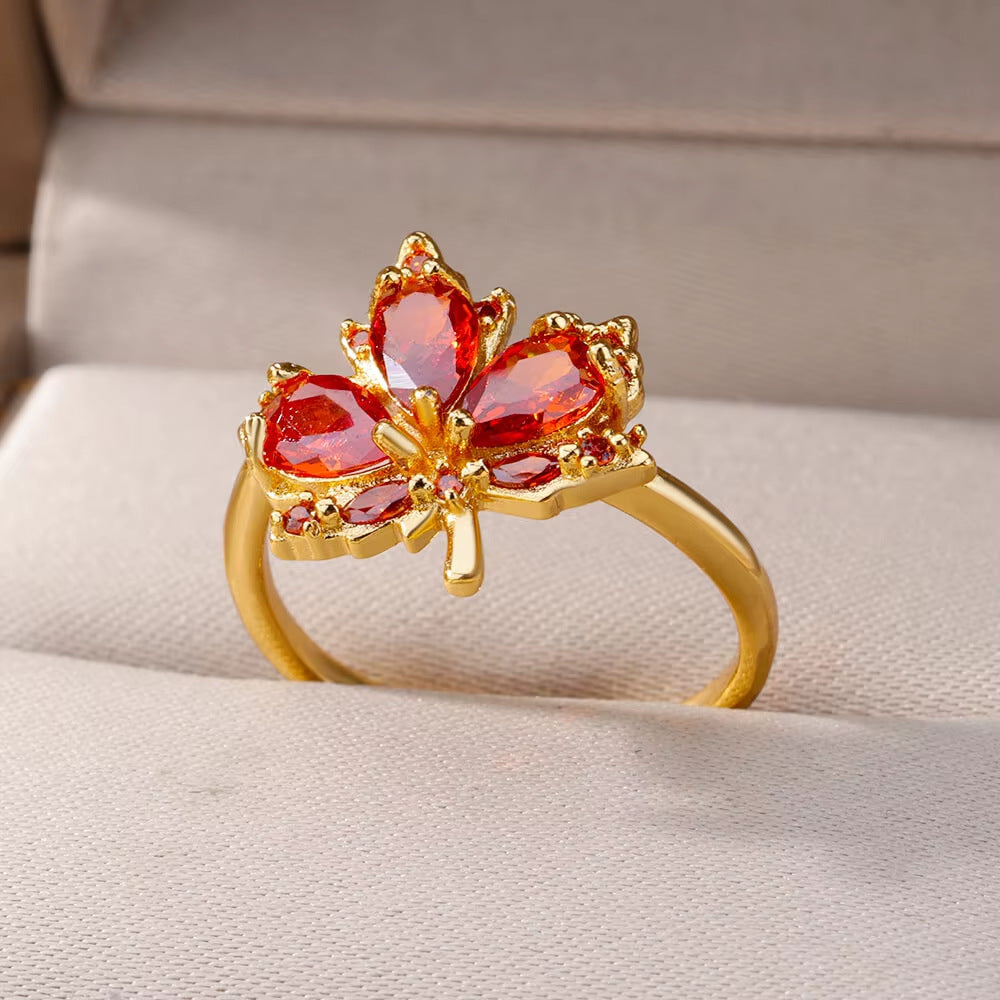 Zircon Red Maple Leaf Ring Female Fashion High Sense Opening Adjustable Design Index Finger Ring