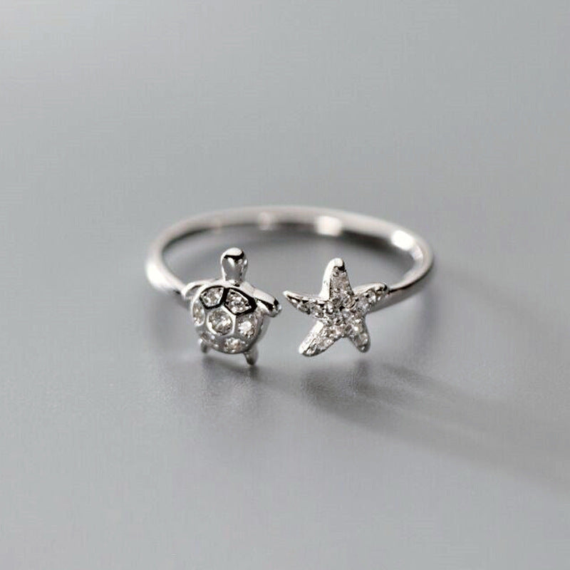 Graceful Mori Inlaid Zircon Cute Animal Turtle Starfish Ring For Women